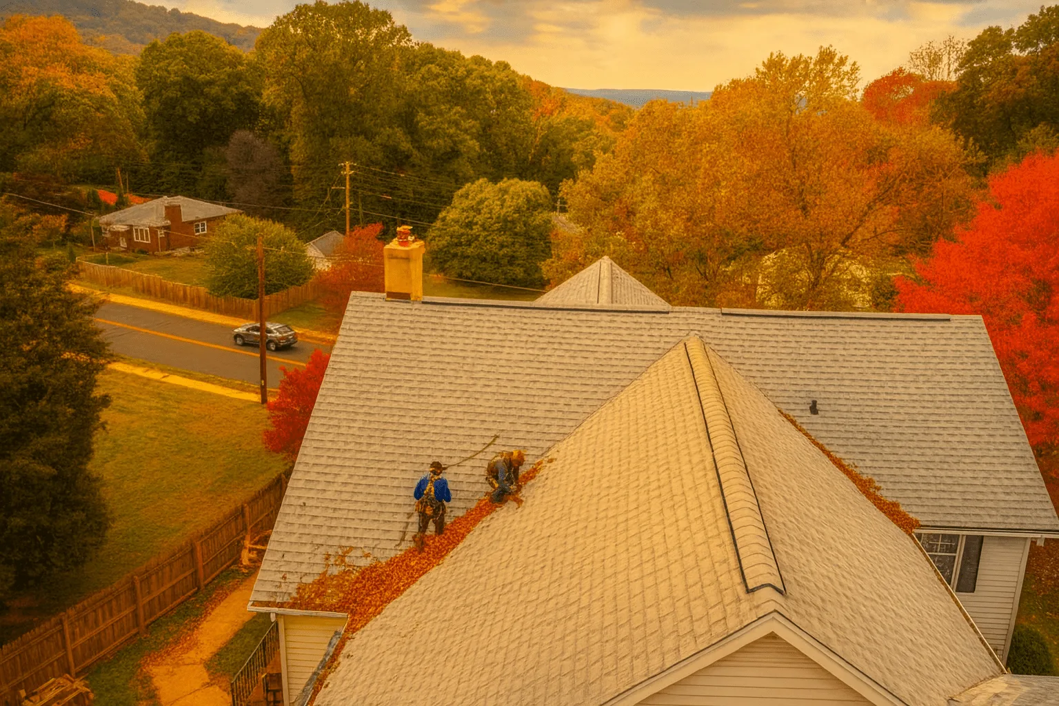 Crew performing fall roof inspections in Lehigh Valley with leaves in the gutter