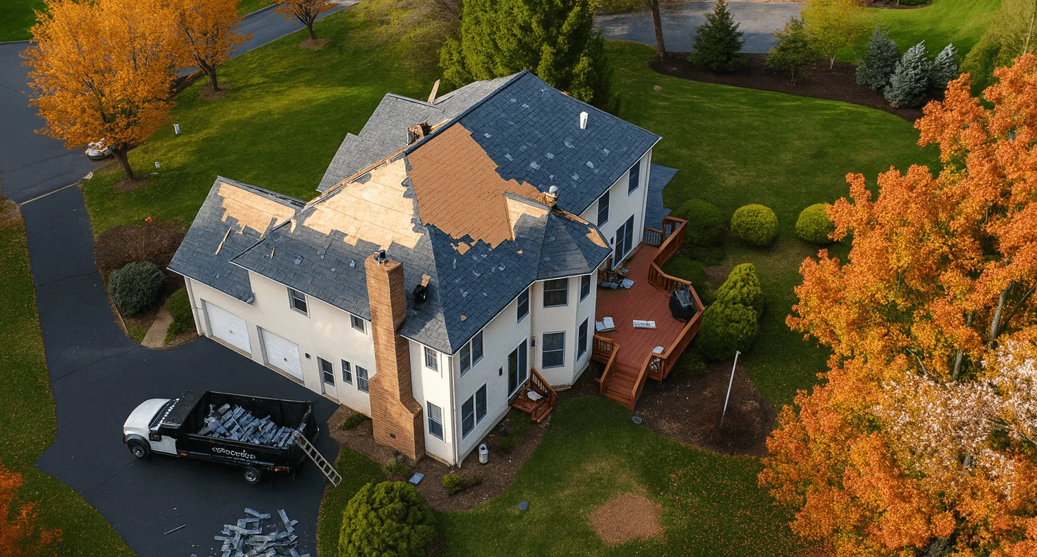 Aerial view of a Roof replacement in Whitehall before winter damage.
