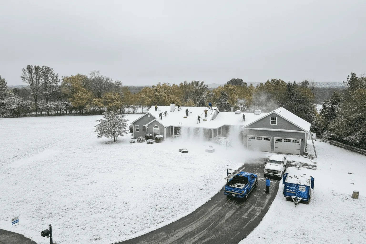 Crew shoveling snow from roof during roof repairs before first snow in Northampton