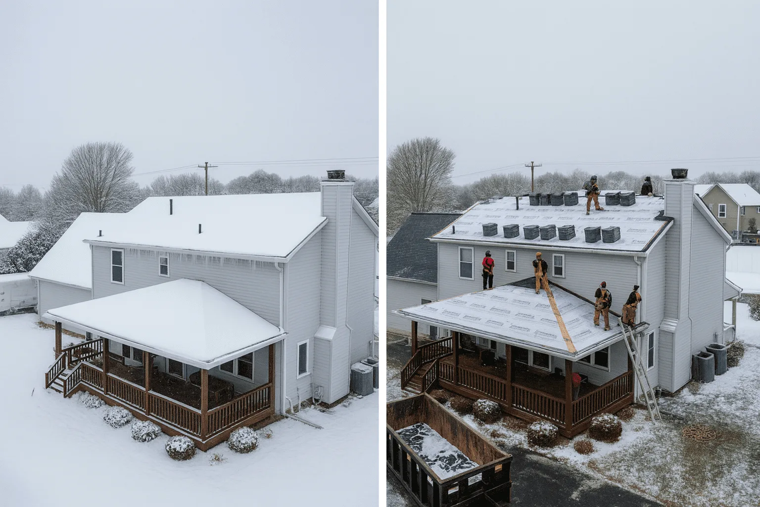 Before and after photo showing winter roof replacement in Allentown