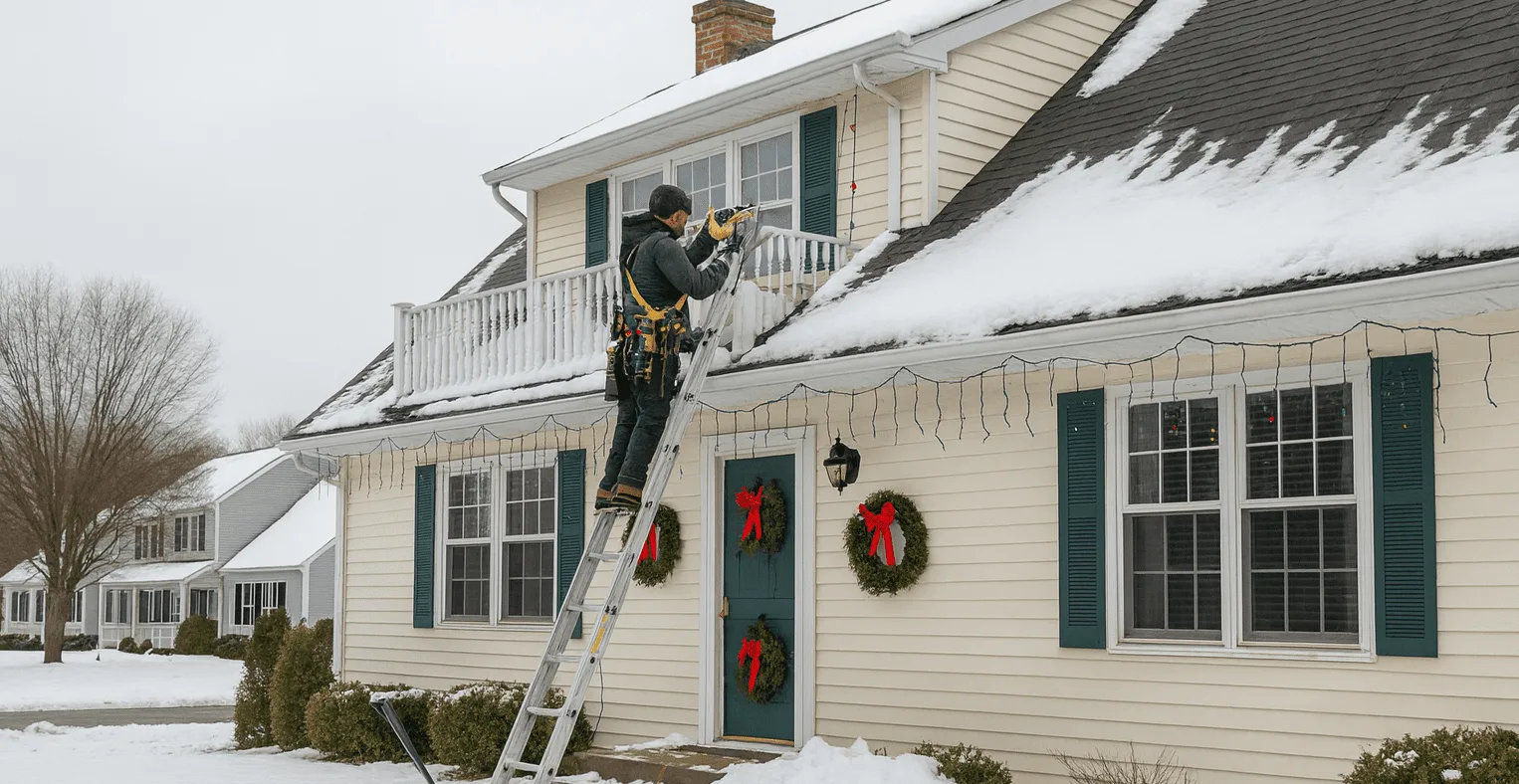 Holiday decor near roofline with snow during roof maintenance in Whitehall