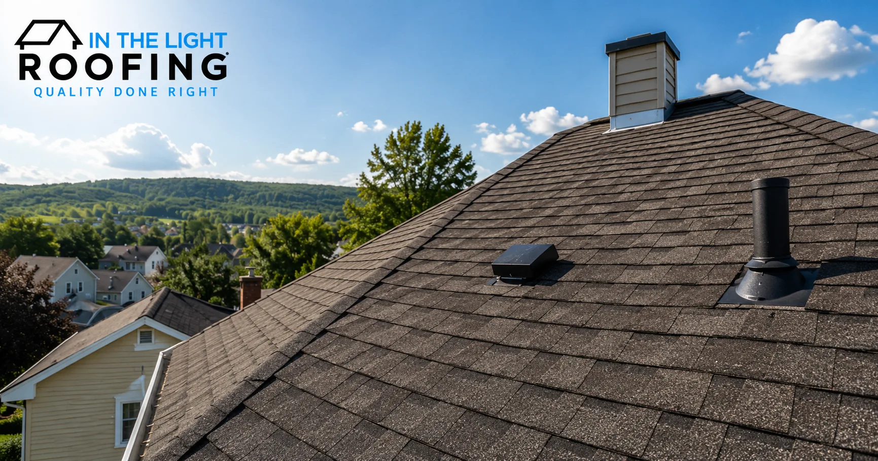 Dark asphalt shingle roof with a chimney and roof vents, houses and wooded hills behind