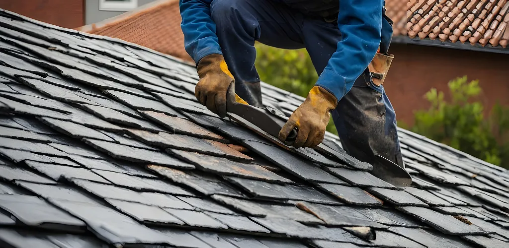The benefits of timely roof repairs Allentown home with a roofer fixing shingles to a roof.