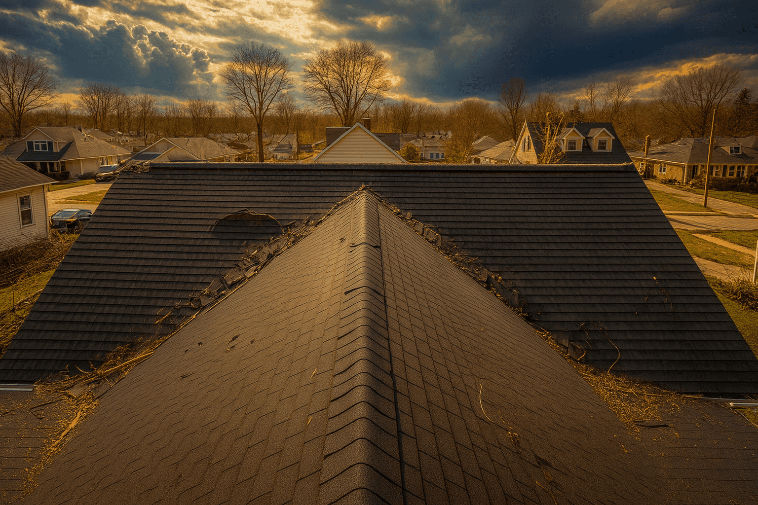 Original photo showing roof shingles torn off by a storm, highlighting need for storm damage repair in Allentown