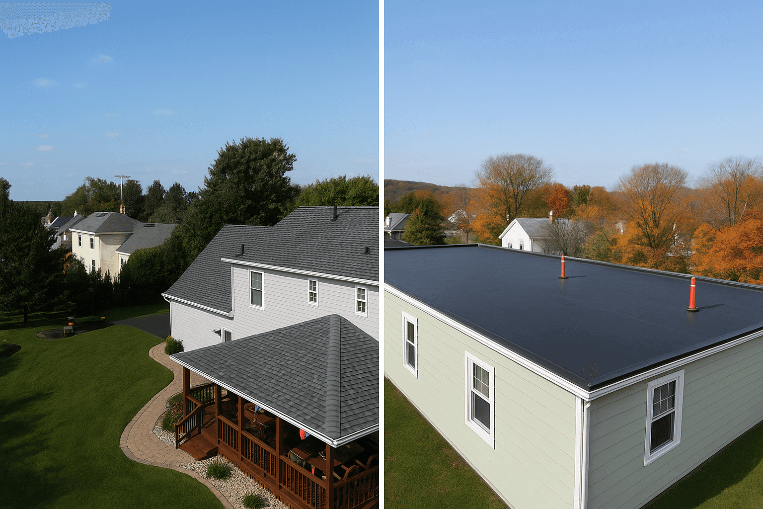 Side-by-side comparison of asphalt shingles or EPDM rubber roofing on homes