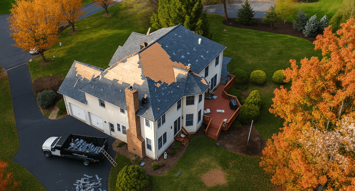Aerial view of a Roof replacement in Whitehall before winter damage.