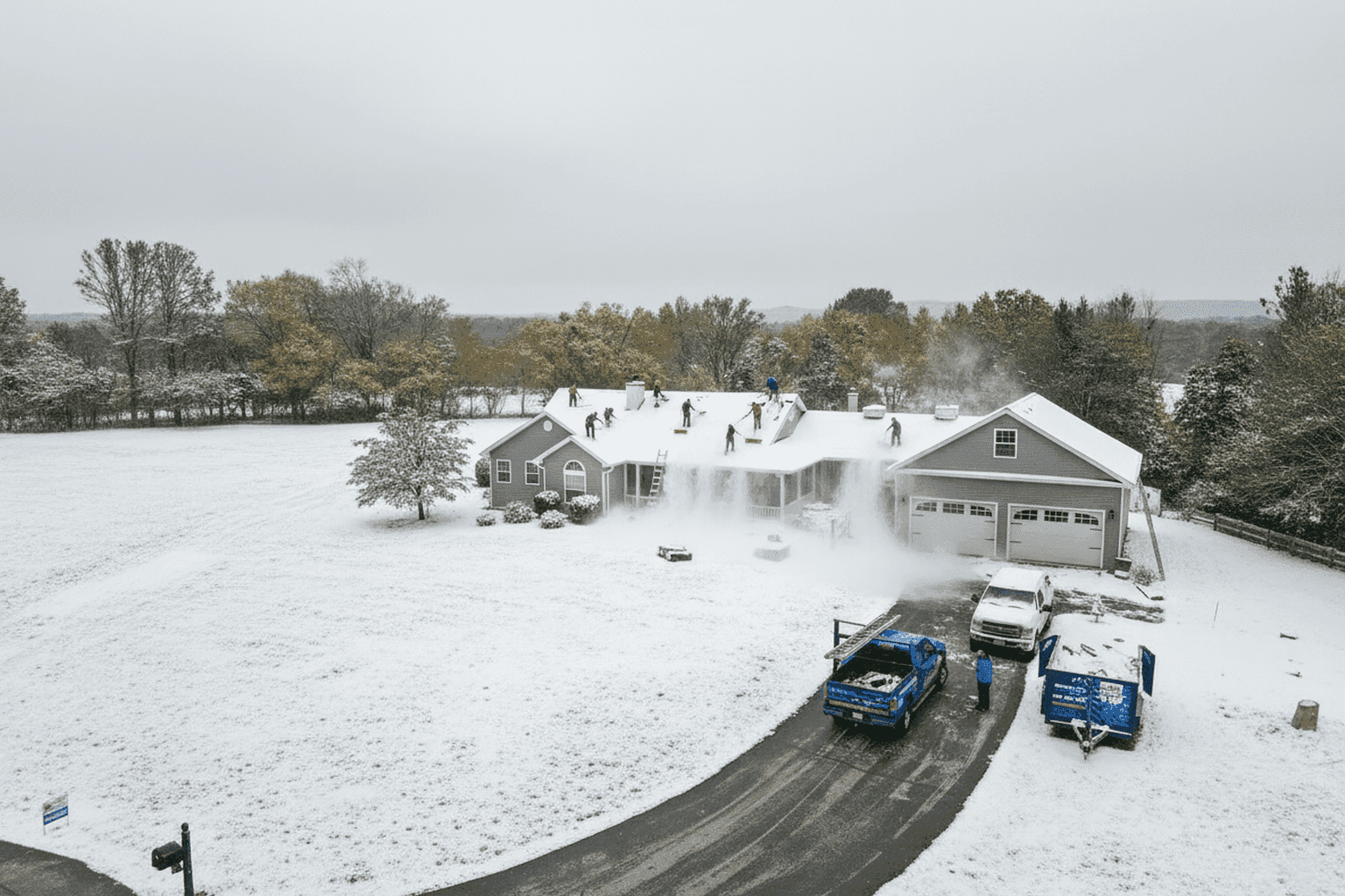 Crew shoveling snow from roof during roof repairs before first snow in Northampton