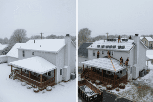 Before and after photo showing winter roof replacement in Allentown