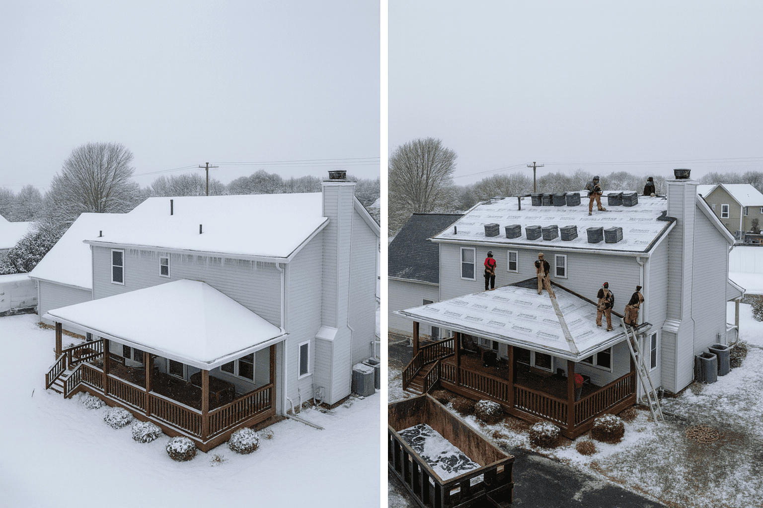 Before and after photo showing winter roof replacement in Allentown