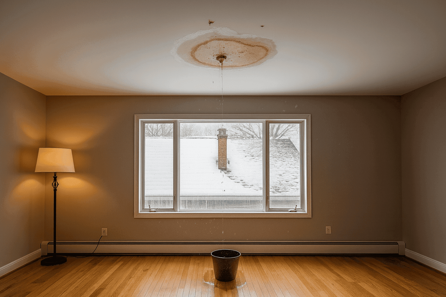 Water spot on ceiling during winter roof leak in Allentown with roofers inspecting.