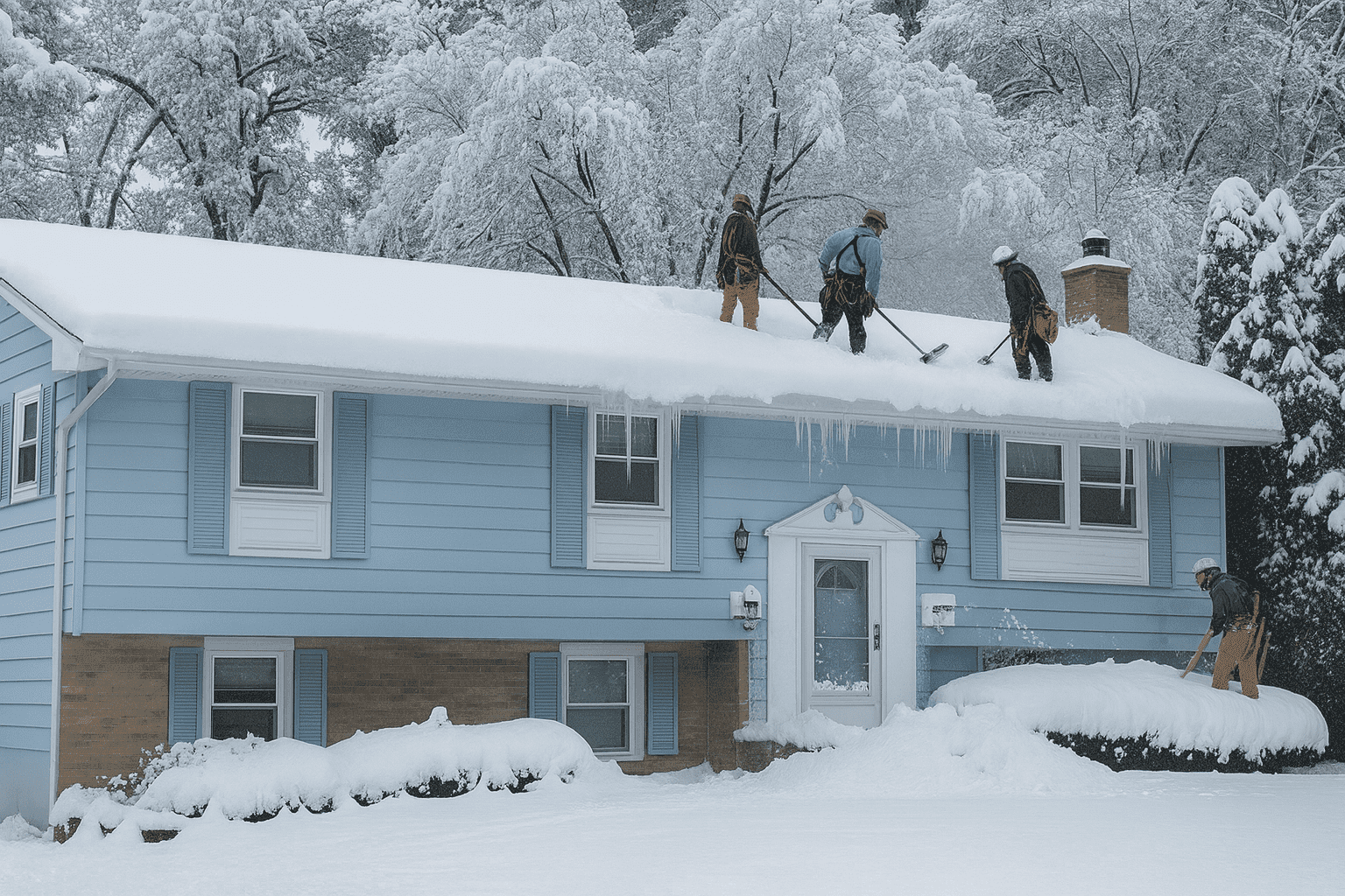 Roof crew clearing snow from roof edge during heavy roof snow load in Lehigh Valley
