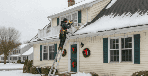 Holiday decor near roofline with snow during roof maintenance in Whitehall