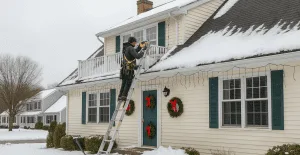 Holiday decor near roofline with snow during roof maintenance in Whitehall