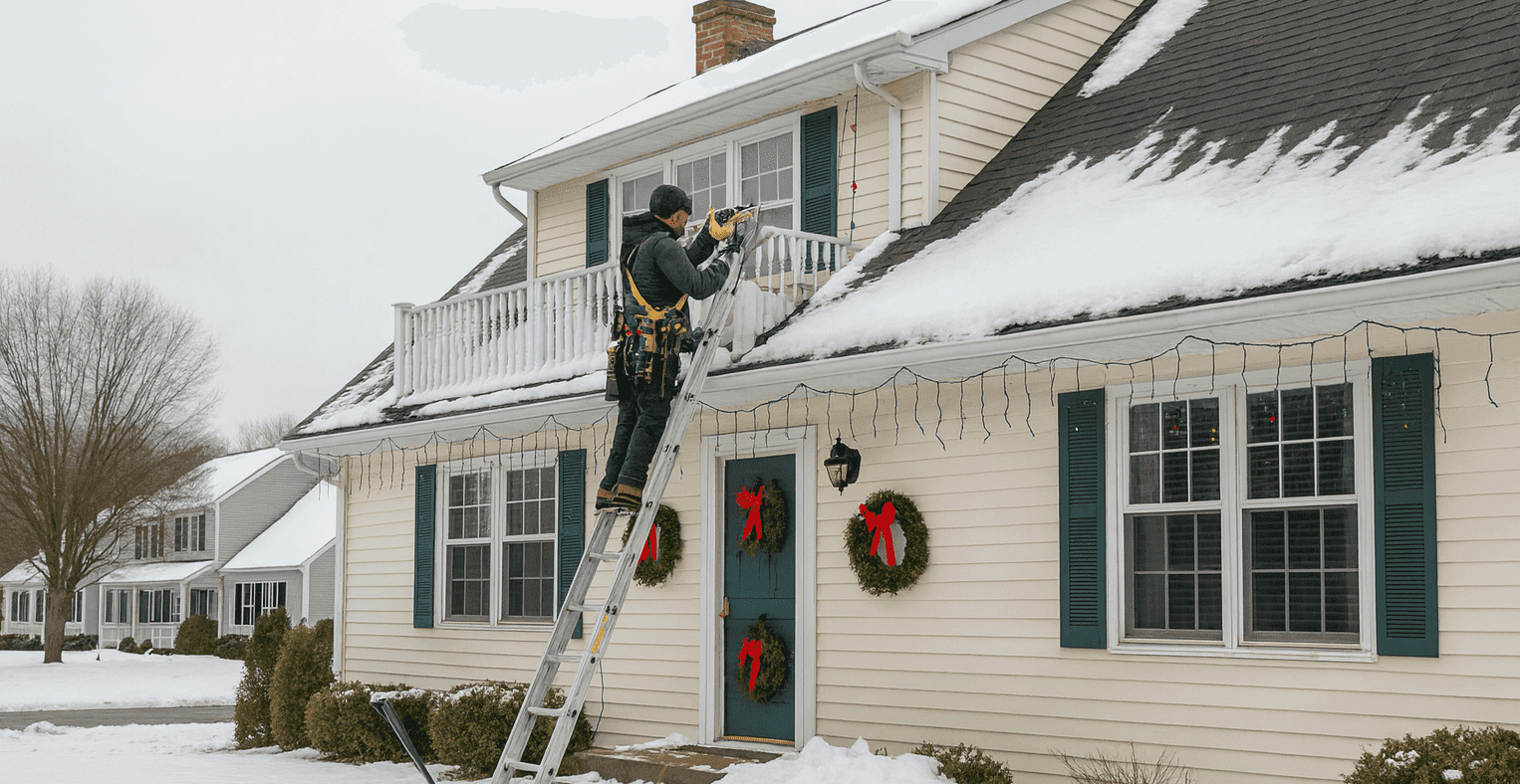 Holiday decor near roofline with snow during roof maintenance in Whitehall