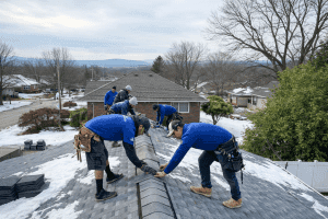 Crew installing roof in cold weather during winter roof replacement Lehigh Valley