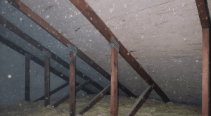 Close-up of attic frost spots showing attic condensation in Philadelphia