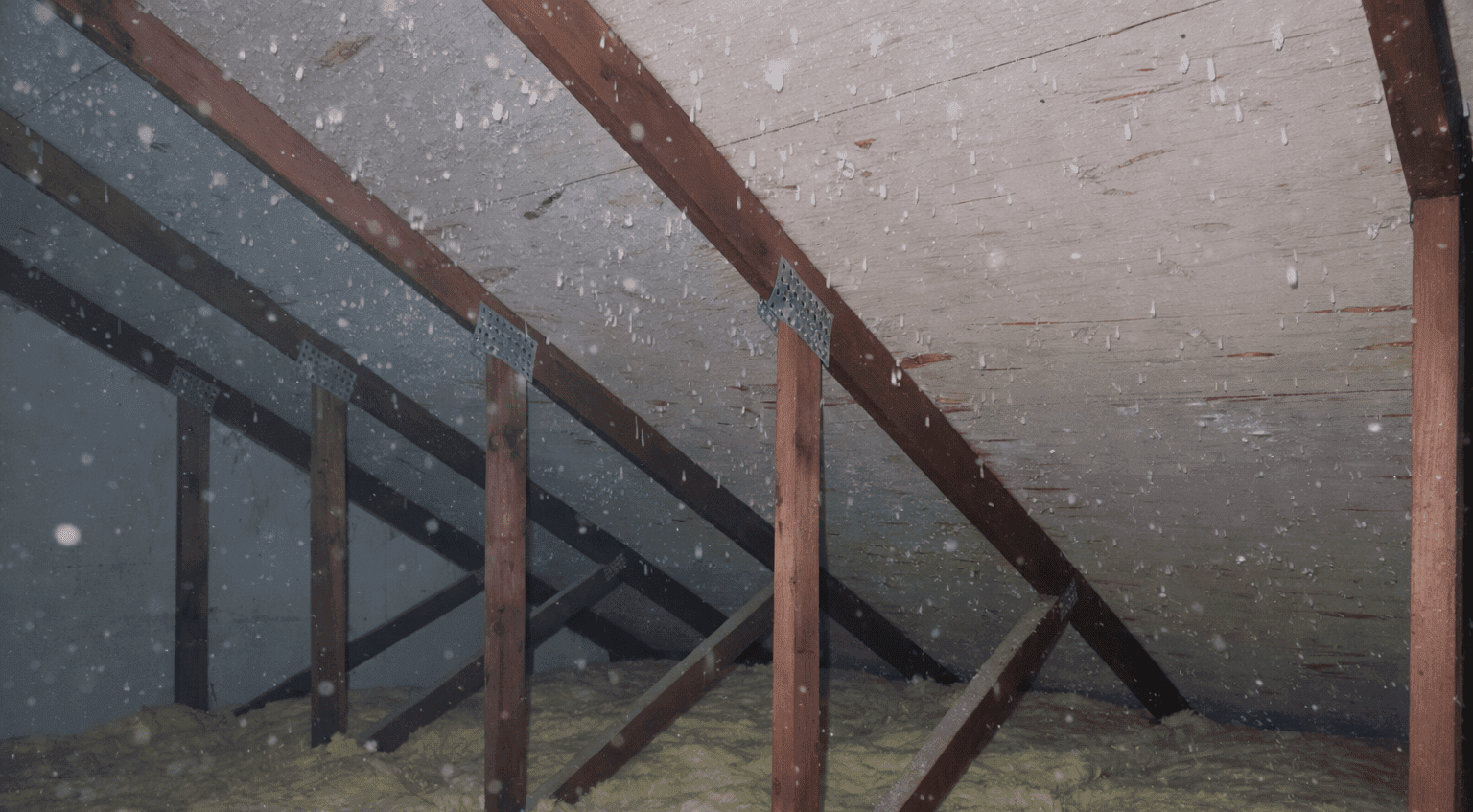 Close-up of attic frost spots showing attic condensation in Philadelphia